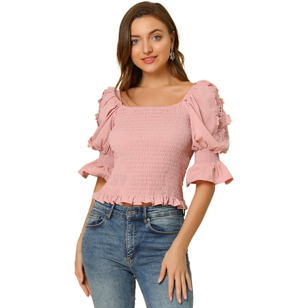 INSPIRE CHIC Blusa de manga abullonada con cuello cuadrado y volante fruncido para mujer Rosa M