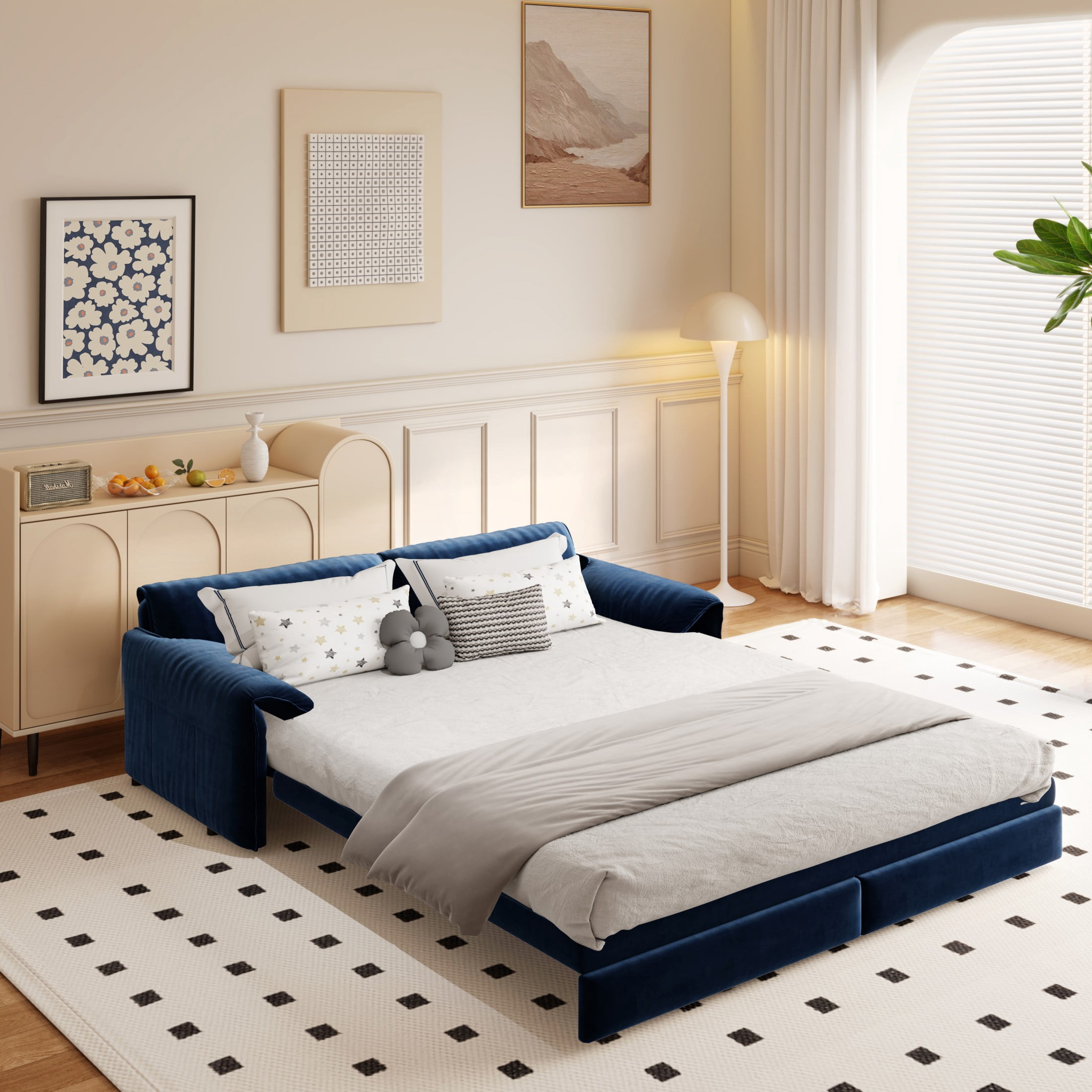 Aukfa Queen Sleeper Sofa Bed, Convertible Loveseat Pull Out Sofa Couch with Pillow Arm/Side Pockets, Blue