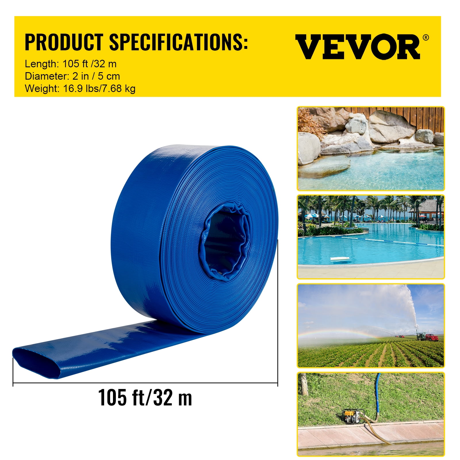 VEVOR Discharge Hose Heavy Duty Lay Flat PVC Fabric Hose with Clamps, 2" x 105', 0.06" Thick Reinforced Material, 60 PSI Working Pressure, (1 Unit)
