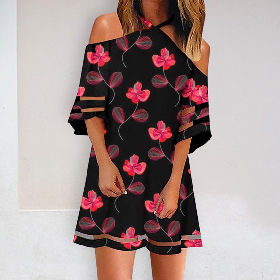 Lilgiuy Women Comfortable Fashion Short Sleeve Printed Off Shoulder Halter Dress Oversize Tunic Dress