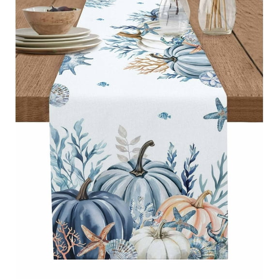 Blue Pumpkin Coastal Fall Table Runner 70 Inches, Thanksgiving Ocean Botanical Coral Bed Runner Dresser Scarves Tabletop for Indoor Outdoor Parties/Ceremony/Banquet, 13" x 70"