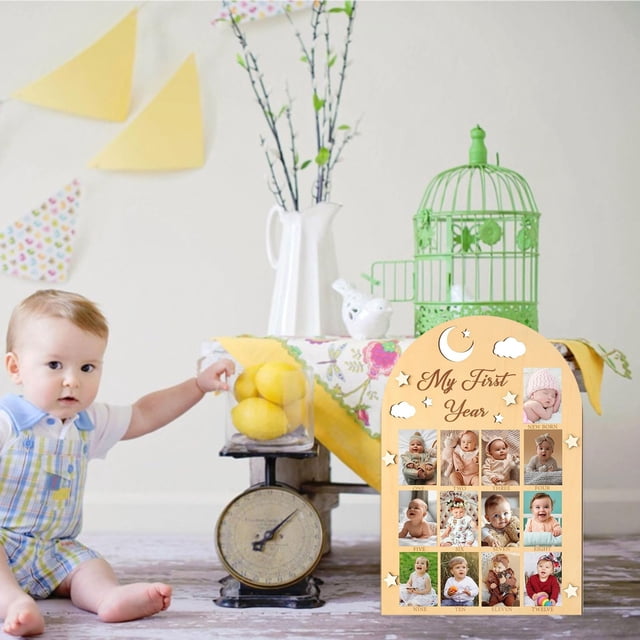 Tyeign One Year Birthday Wooden Photo Board, My First Year Photo Board with 12 Monthly Picture Frame, Baby Keepsake Gift for First Birthday, 1*Photo Frame Hanging Sign