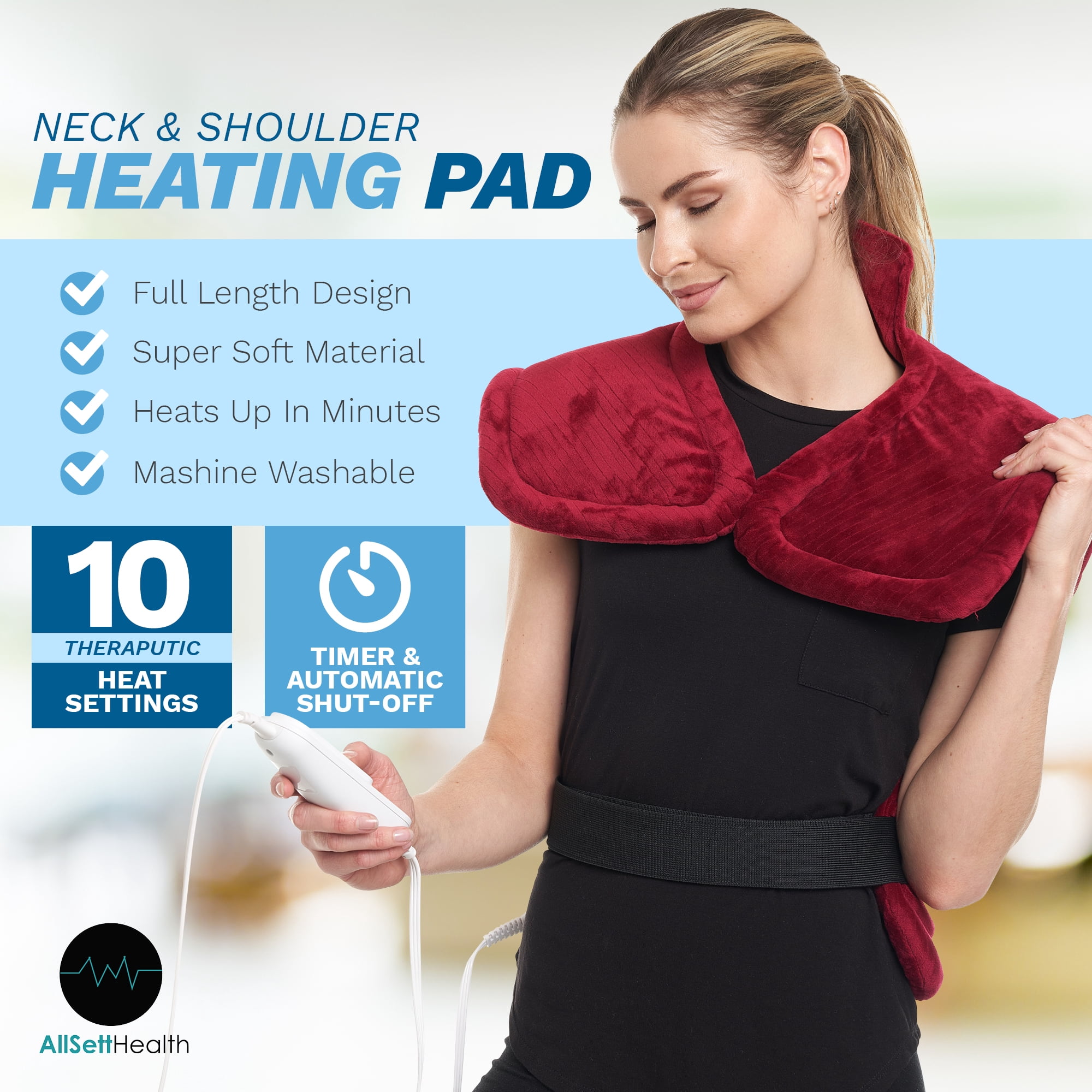 AllSettHealth Heating Pad for Neck Shoulders and Back Pain - 10 Temperature Settings for Heat Therapy with Auto Shut-Off - Detachable Led Controller - Plush Red Fabric with Weighted Beads- 35x27”
