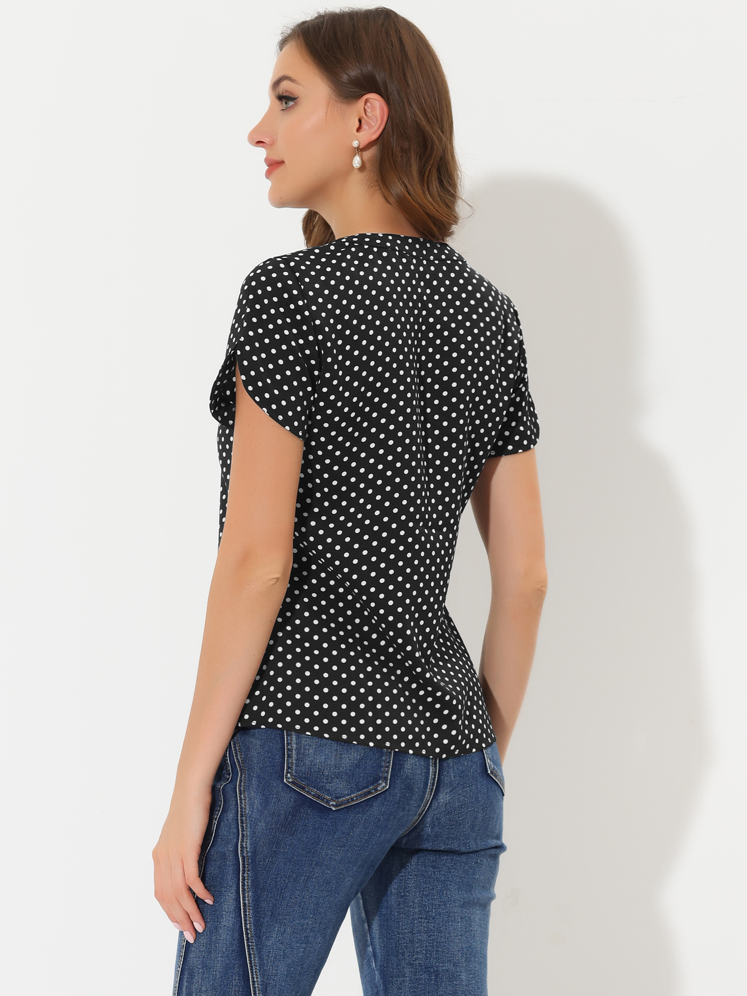 DARING DIVA V Neck Dots Printed Work Office Blouse Top M Black
