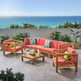 thumbnail image 2 of GDF Studio Keith Outdoor Acacia Wood 6 Seater Sofa Chat Set with Cushions, Teak and Red, 2 of 12