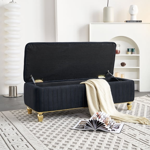 47.24"W Velvet Storage Ottoman Bench, Upholstered Footstool with Safety Hinge, Gold Embroidery and Decorative Strip, Elegant Ottoman for Living Room or Bedroom Organization (Black)