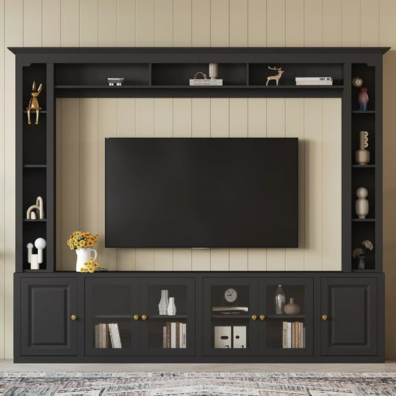4-Piece Modern Entertainment Center Wall Unit with Bookshelves, All-in-1 Large TV Stand with Tempered Glass Door for TVs Up to 80", 92inch Media Console with Adjustable Shelves for Living Room, Black