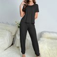 thumbnail image 4 of VISALY Womens Pajama Sets Matching Pajama Set Sleepwear Comfy Lounge Set Soft Short Sleeve Round Neck Top Loose Pajama Pants Long Jogger Bottom Black L, 4 of 6