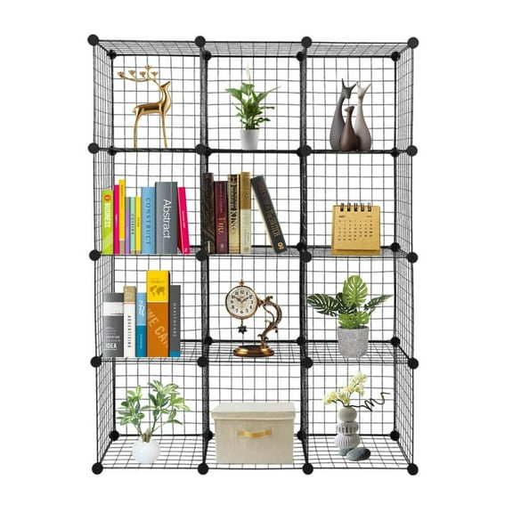 12-Cube Organizer Cube Storage Shelves Wire Cube Storage Origami Shelves Metal Grid Multifunction Shelving Unit Modular Cubbies Organizer Bookcase RT black