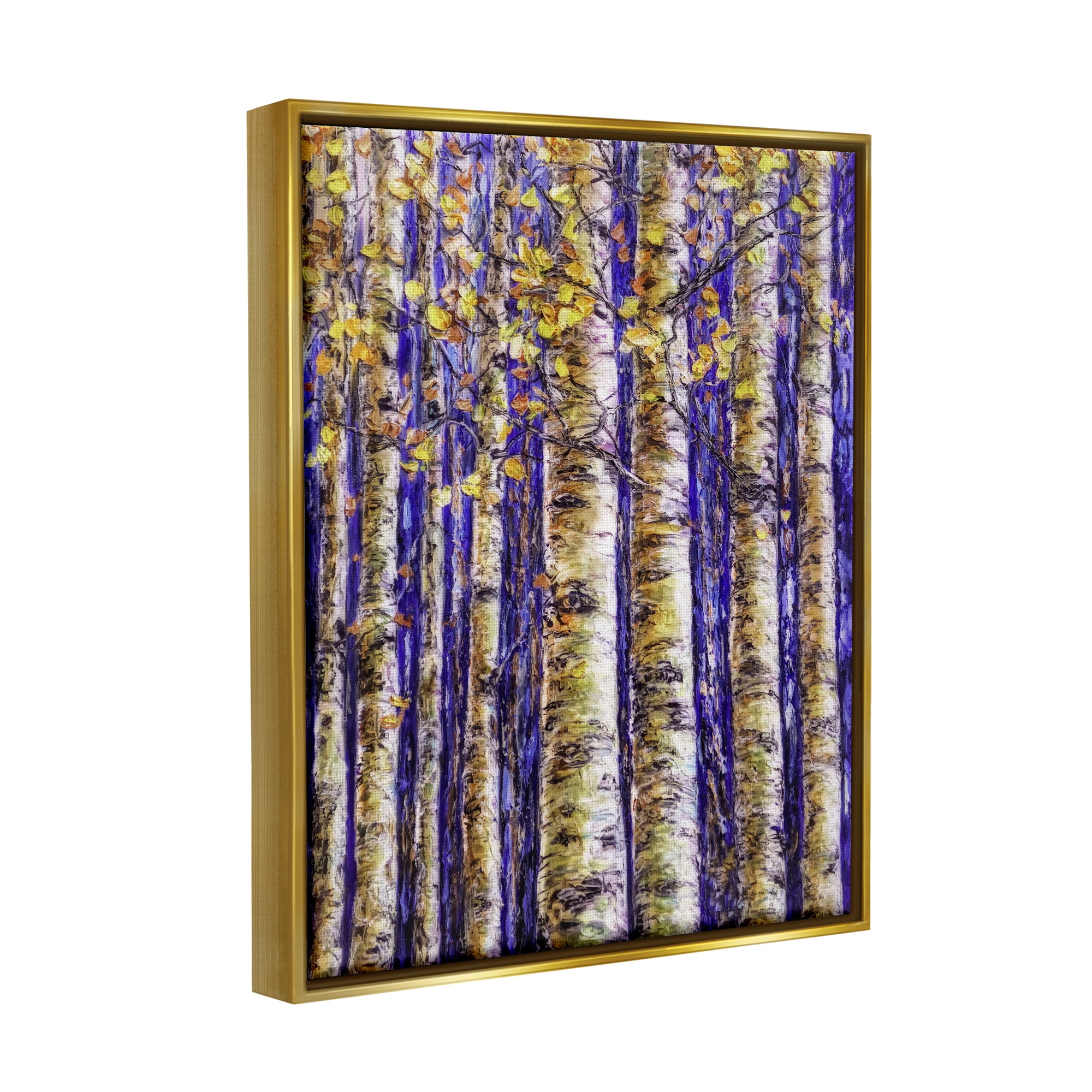 Stupell Industries Birch Trees on Blue Nature Painting Gold Floater Framed Art Print Wall Art, 25 x 31