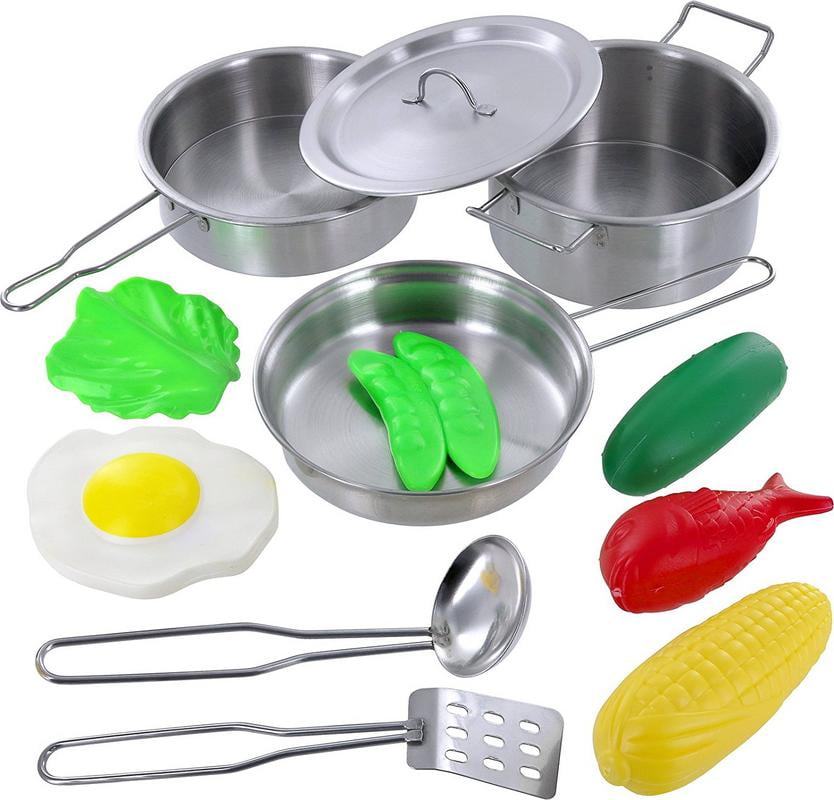 13 Piece Pots and Pans Kitchen Cookware Playset Kids Young Chef Pretend Play US 