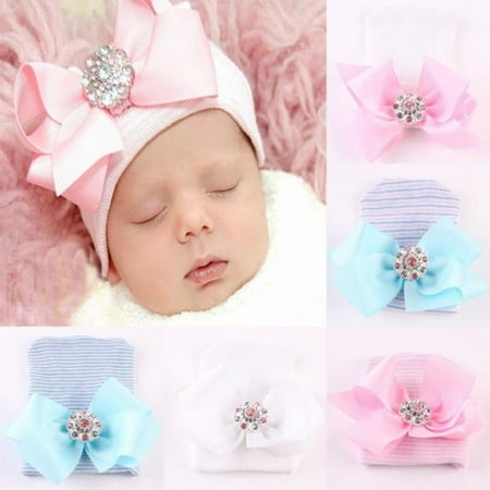 Newborn Infant Toddler Girl Baby Stripe Bowknot Beanie Hat Comfys Hospital Cap B