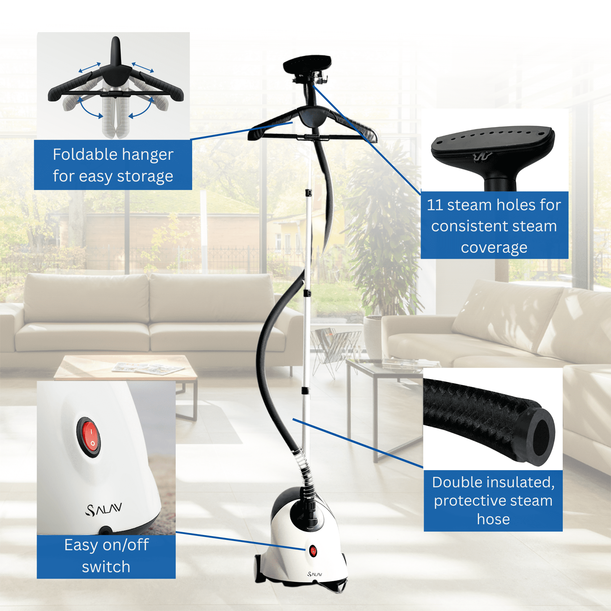 Restored SALAV® 1500 Watts Adjustable Home Fabric Iron Garment Steamer, White (Refurbished)