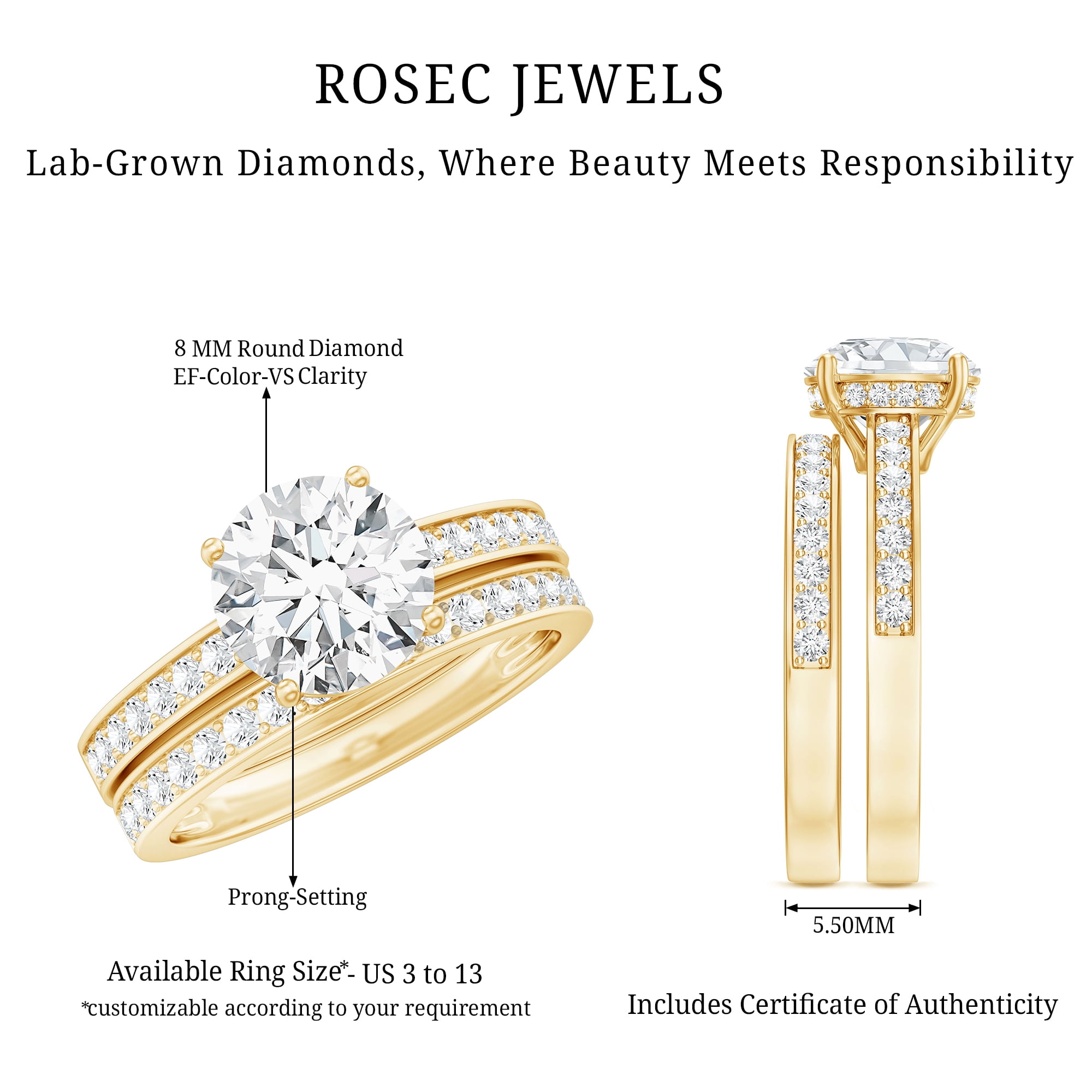 Rosec Jewels Lab Grown Diamond Wedding Engagement Ring Set for Women - 2 Carat Engagement Ring with Band - EF-VS Quality, 10K Yellow Gold, US 8.50