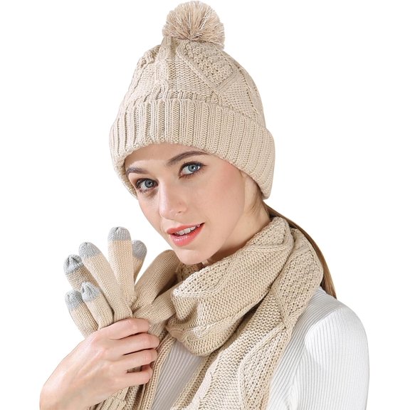 Winter Beanie Hat Scarf Gloves Set for Women, Womens Beanie with Pom Long Scarf Touchscreen Gloves 3 in 1 Set for Women
