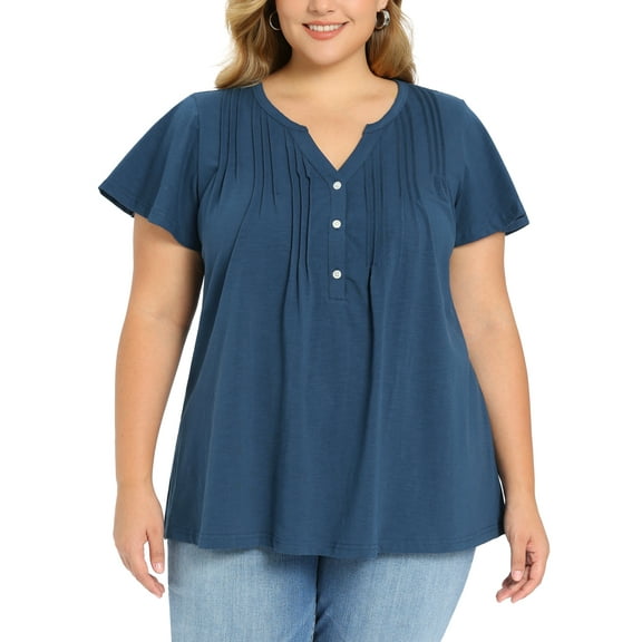 GRACE & GRANDEUR Women's Plus Size Easter Tops Pintuck Front Ruffle Sleeve Blouse Button Notch Neck Dressy Casual Tunic Shirt 1X Dark Blue