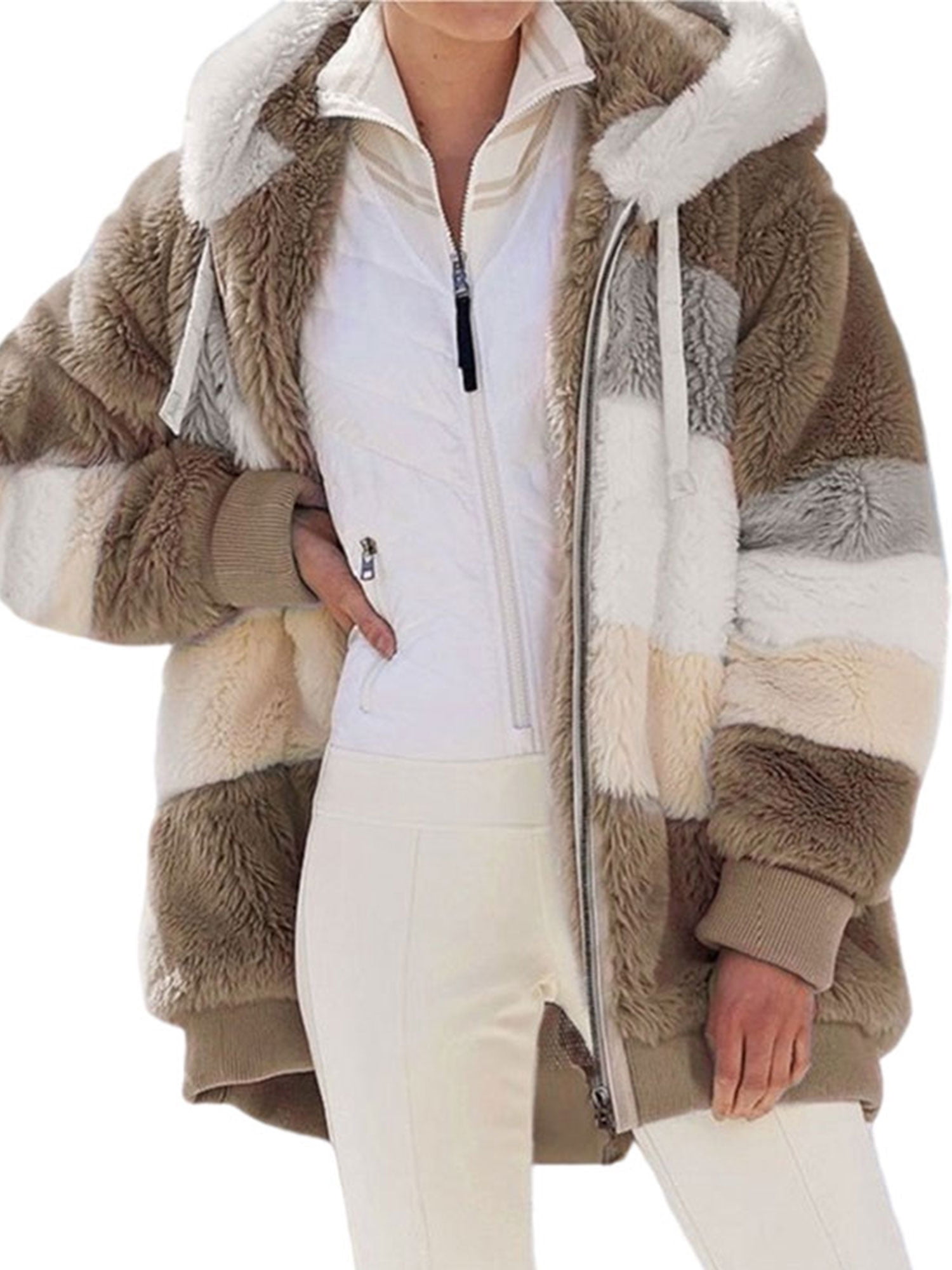 Innerwin Veste à Manches Longues pour Femmes Manteau d'Hiver Chaud Patchwork avec Poches Extérieur Kaki P