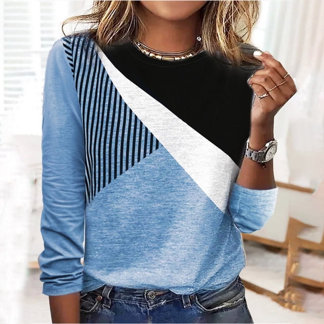 Jsaierl 2024 Automne Hauts à Manches Longues pour Femmes T-Shirts Col Rond Décontractés Chemises Graphiques à Blocs de Couleur Confortables Blouses de Travail Légères