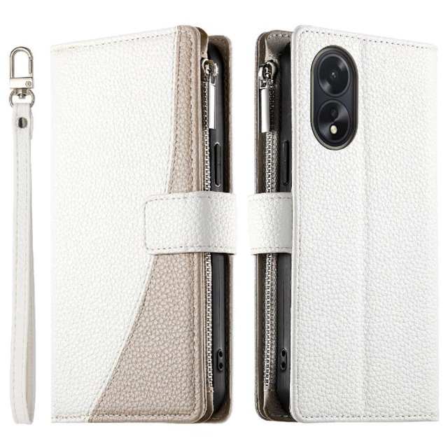 Funda cartera GANGXUN para OPPO A18/A38 , cuero PU con tarjetero, cremallera, correa de mano, soporte y protección 417°