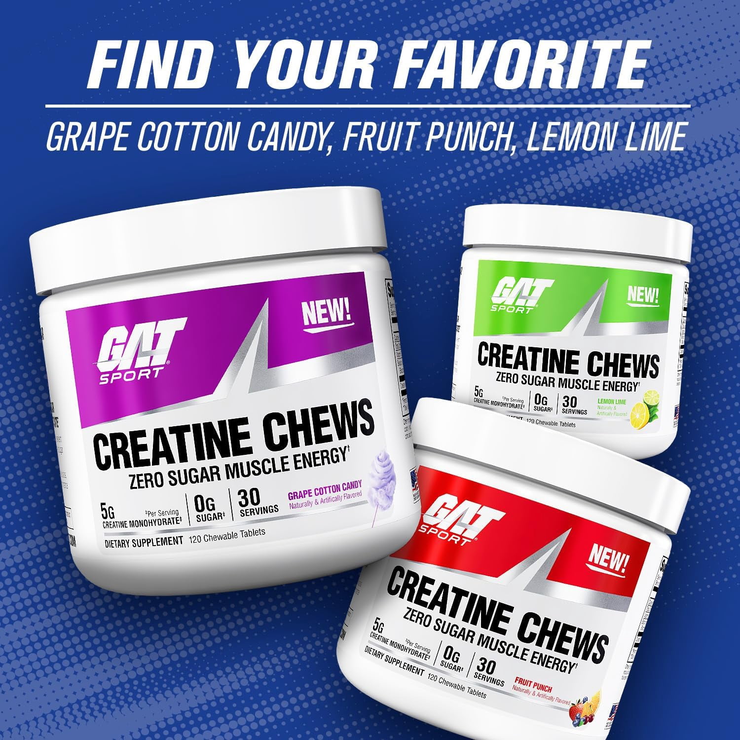 GAT SPORT Creatine Chews, Zero Sugar, 5g Pure Creatine Monohydrate, 3rd Party Tested, Brain Health, Muscle, Strength, Anti-oxidant Support, for Men & Women, Blue Raspberry, 30 Servings