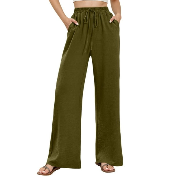 Pantalones palazzo de cintura alta y pierna ancha para mujer: ligeros, con cordón en la cintura, bolsillos, pantalones casuales de verano.