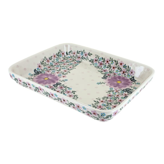 Blue Rose Polish Pottery Lilac Garden Medium Rectangular Baker