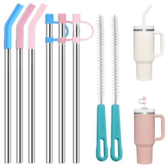 10 Pack Metal Straw with Silicone Tip Metal Stainless Ultra Long Reusable Metal Drinking for Tall Tumblers Silicone Tips Cover Stainless Straight Bent Drinking