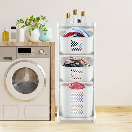 ChicHomey 3-Tier Laundry Basket with Pulley,Clothes Storage Basket w/Wheels,PP Large Capacity Storage Organizer for Bathroom, Laundry Room, Bedroom, Home Organization
