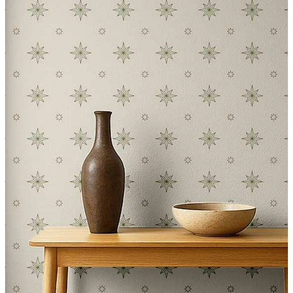 S4sassy Removable Vintage Style Waterproof Wall Wrap, Finish Mosaic Tile Wallcover, Compass Starburst Pattern Contact Paper for Backsplash, Self Adhesive Vinyl Wallpaper Roll- Beige- 25"x120"