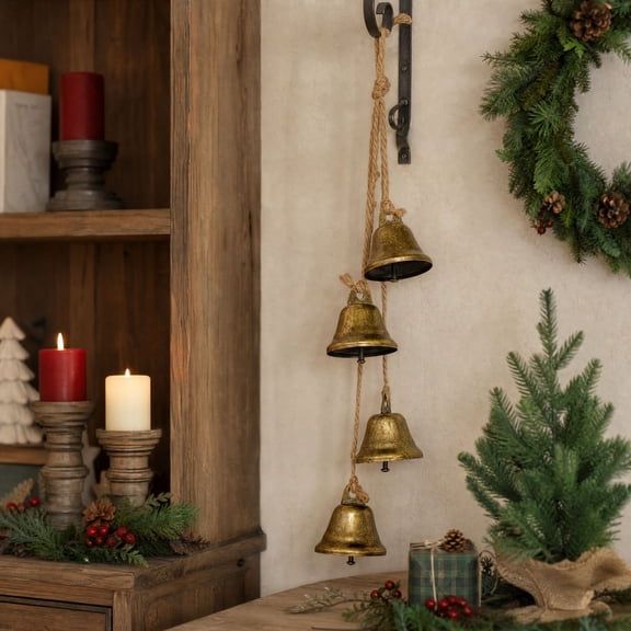 Decorative Hanging Bell Garland, Bronze, 4-Piece, rustic rope-strung metal bell accents with a vintage seasonal look, for door, wreath, mantel, Christmas tree, farmhouse wall and holiday home decor