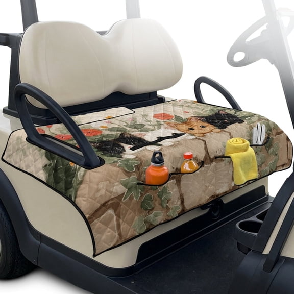 LedBack Cat Flower Print Golf Cart Seat Towel Covers with 4 Front Pockets Non-Slip Foldable Golf Cart Seat Towel Blanket Covers with Travel Ready Design, 30 x 51 Inches