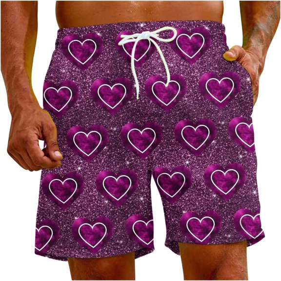 Penkiiy Men Drawstring Valentine's Day Love Print Beach Casual Trouser Shorts Pant XL Purple
