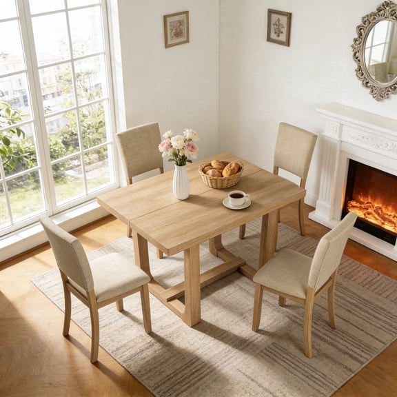 Leovanni Modern 48" 5-Piece Solid Wood Dining Table Set with 4 Upholstered Chairs, Rectangular Kitchen & Dining Room Set, Natural