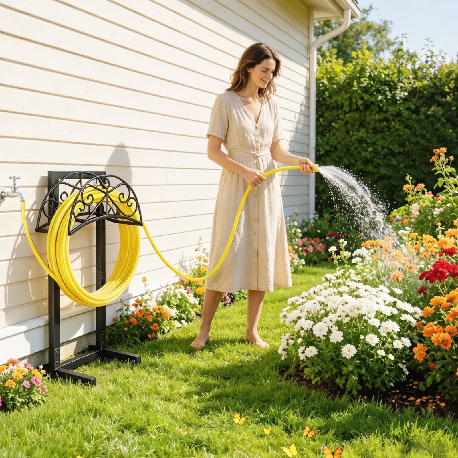 Garden Hose Holder with 4 Spikes Metal Hose Reels for Outside Holds 160 FT Hose, Heavy-Duty Waterhose Holder for Lawn Yard Farm, Black