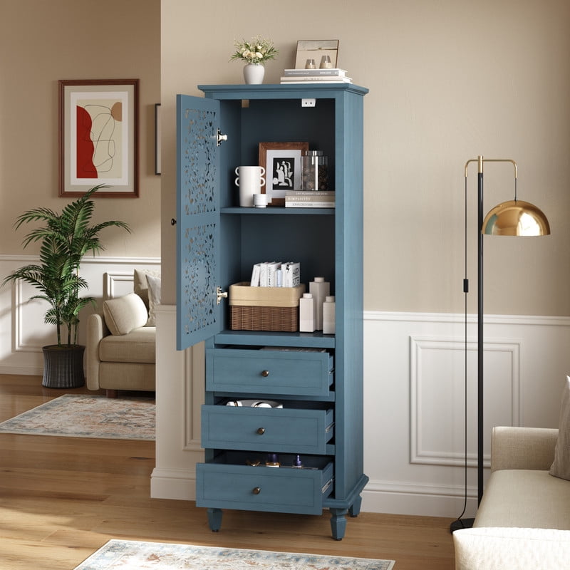 Vintage Storage Cabinet with Carved Door & 3 Drawers, Freestanding Decorative Sideboard, Display Cabinet with Adjustable Shelf