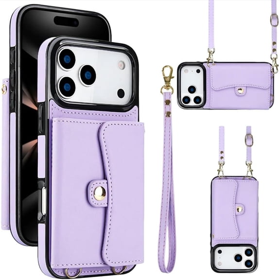 for iPhone 17 Pro Max Leather Crossbody Wallet Case with RFID Blocking,Magnetic Closure Card Holder,4 Card Slots Kickstand Phone Case, Shockproof Wrist Strap Case for Men/Women(Purple)