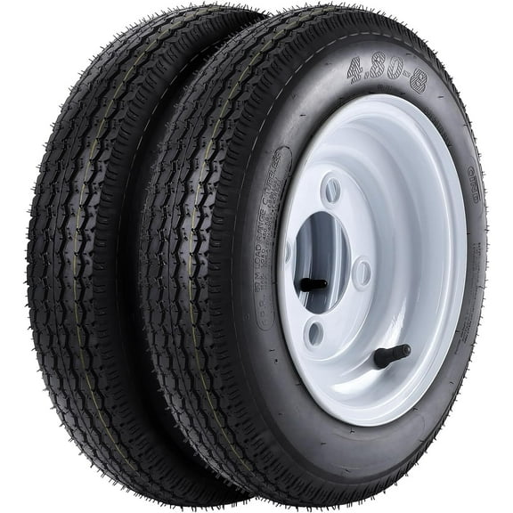 Set of 2 Trailer Tire Wheel Assembly 4.80-8 4.80x8 480-8, 6-Ply Load Range C, 4 Lug On 4" White Spoke Rim, Fit Travel/Camper/Utility/Boat Trailers