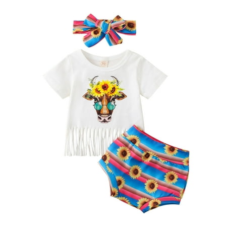 

Qtinghua Newborn Baby Girls Summer Outfit Short Sleeve Cow Print Tassel Top Sunflower Shorts Pants Headband Set