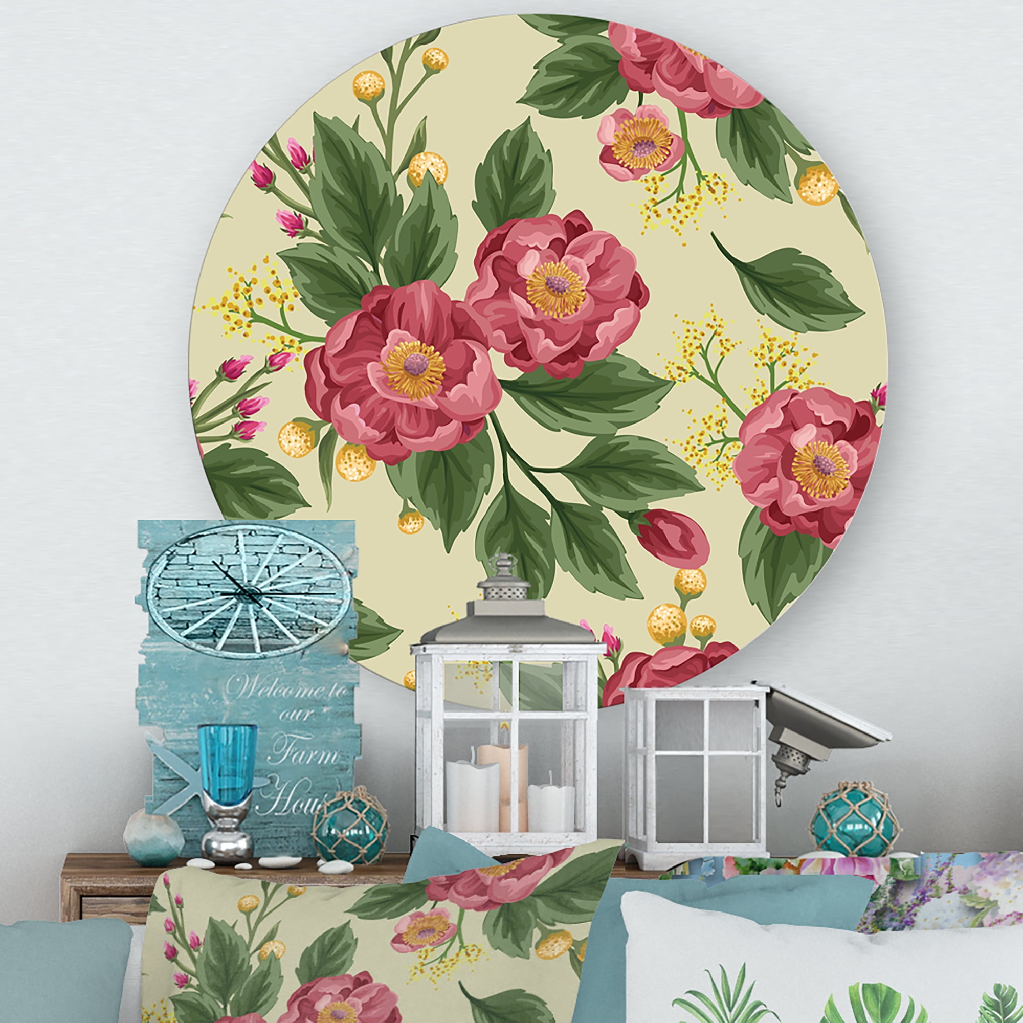 Designart 'Vintage Sweet Peas and Peonies On Beige' Traditional Circle Metal Wall Art 23x23 - Disc of 23