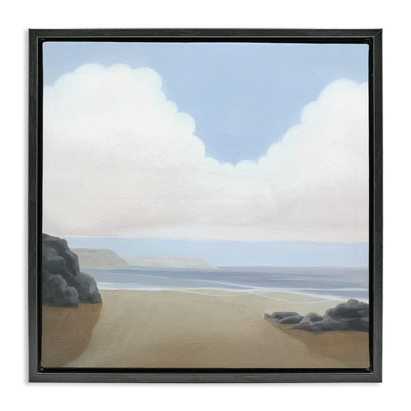 Stupell Industries Fluffy Clouds Over Beach Landscape Painting Black Floater Framed Canvas Art Print Wall Art, 18 x 18