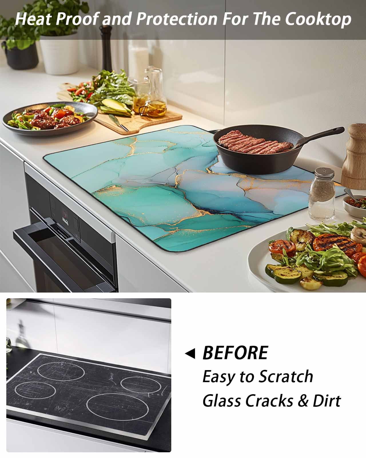 Stove Top Covers for Electric Stove, Teal Glass Stovetop Cover Protector, Modern Marble Ink Painting Abstract Art Induction Cooktop Protector Oven Mat for Kitchen Countertop 24"x21"