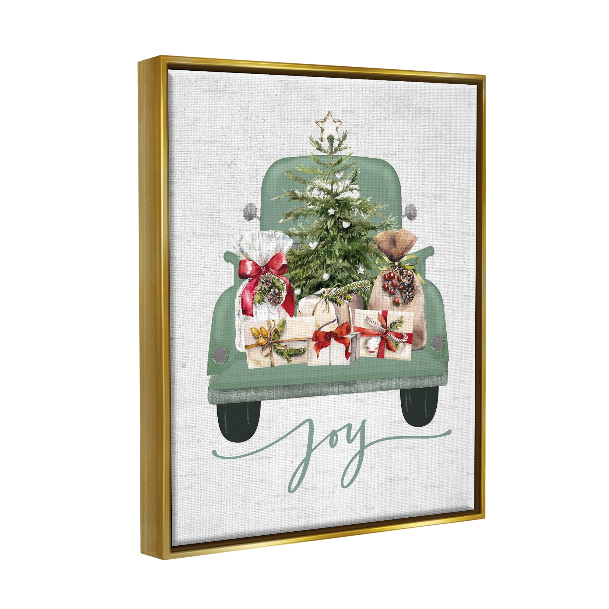 Stupell Industries Rustic Gift Truck with Joy Holiday Painting Gold Floater Framed Canvas Art Print Wall Art, 25 x 31