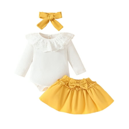 

MIPREWUY 3-Piece Baby Girls Set Lace Trim Ribbed Eyelets Long Sleeve Romper Bow Ruffled Skirt Hair Band Fall Outfits