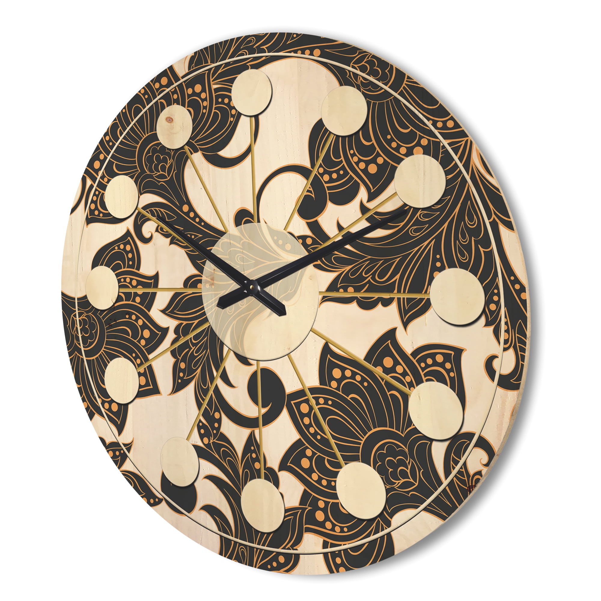 Designart 'Indian Floral Batik Retro I' Mid-Century Modern Wood Wall Clock