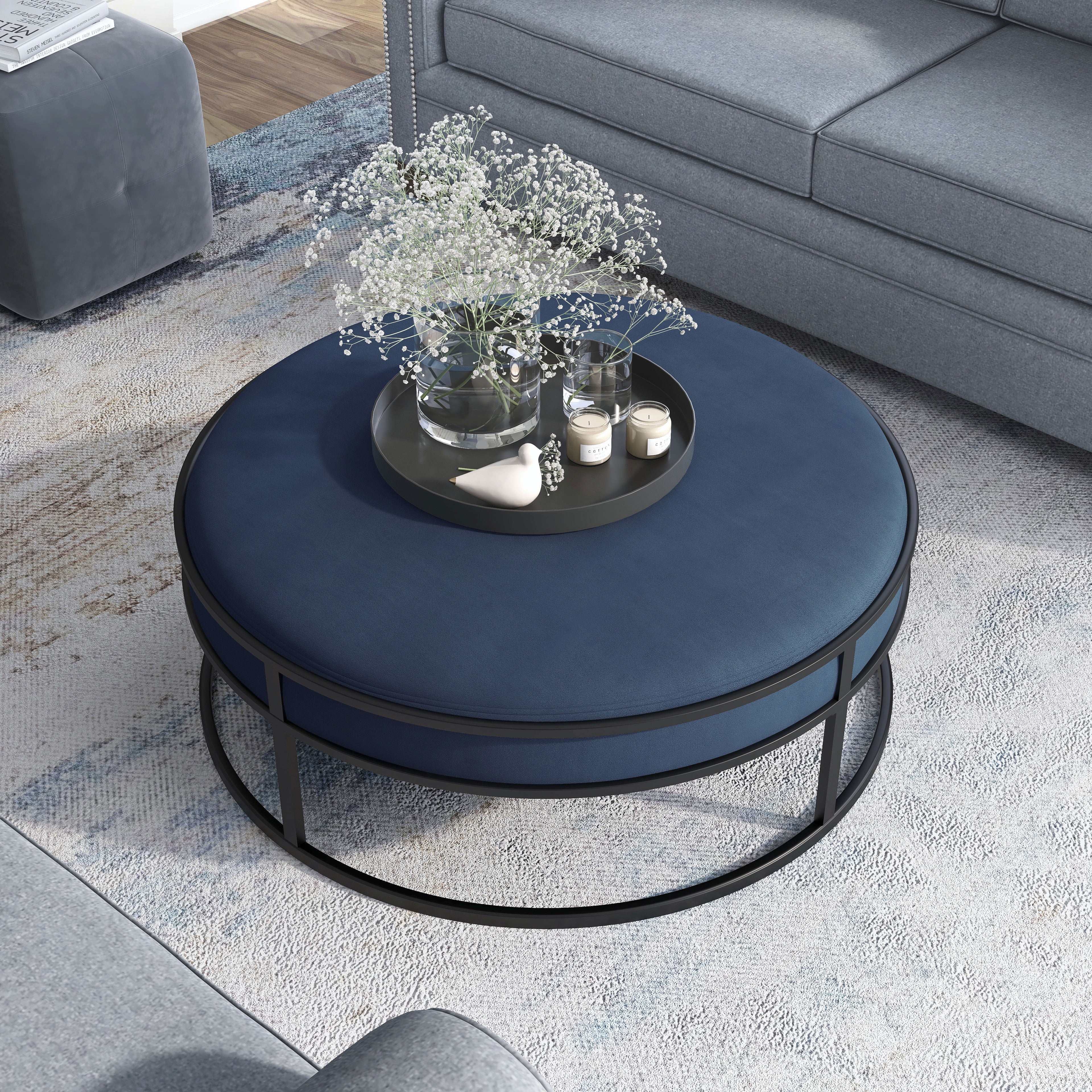 Furniture of America Alto Upholstered Cocktail Ottoman, Navy