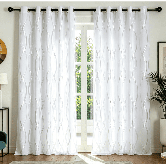 Black Blackout Striped Pattern Curtains for Living Room 84 inch Long 2 Panels Set, Noise Reducing Thermal Insulated Wave Line Foil Print Bedroom Drapes for Patio Sliding Glass Door (52 x 84 white)