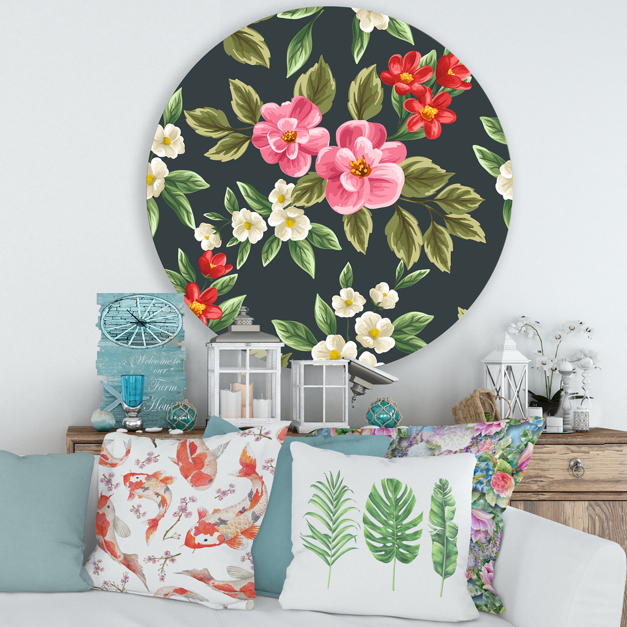 Designart 'Vintage Red and Pink Wildflowers II' Traditional Circle Metal Wall Art 29x29 - Disc of 29