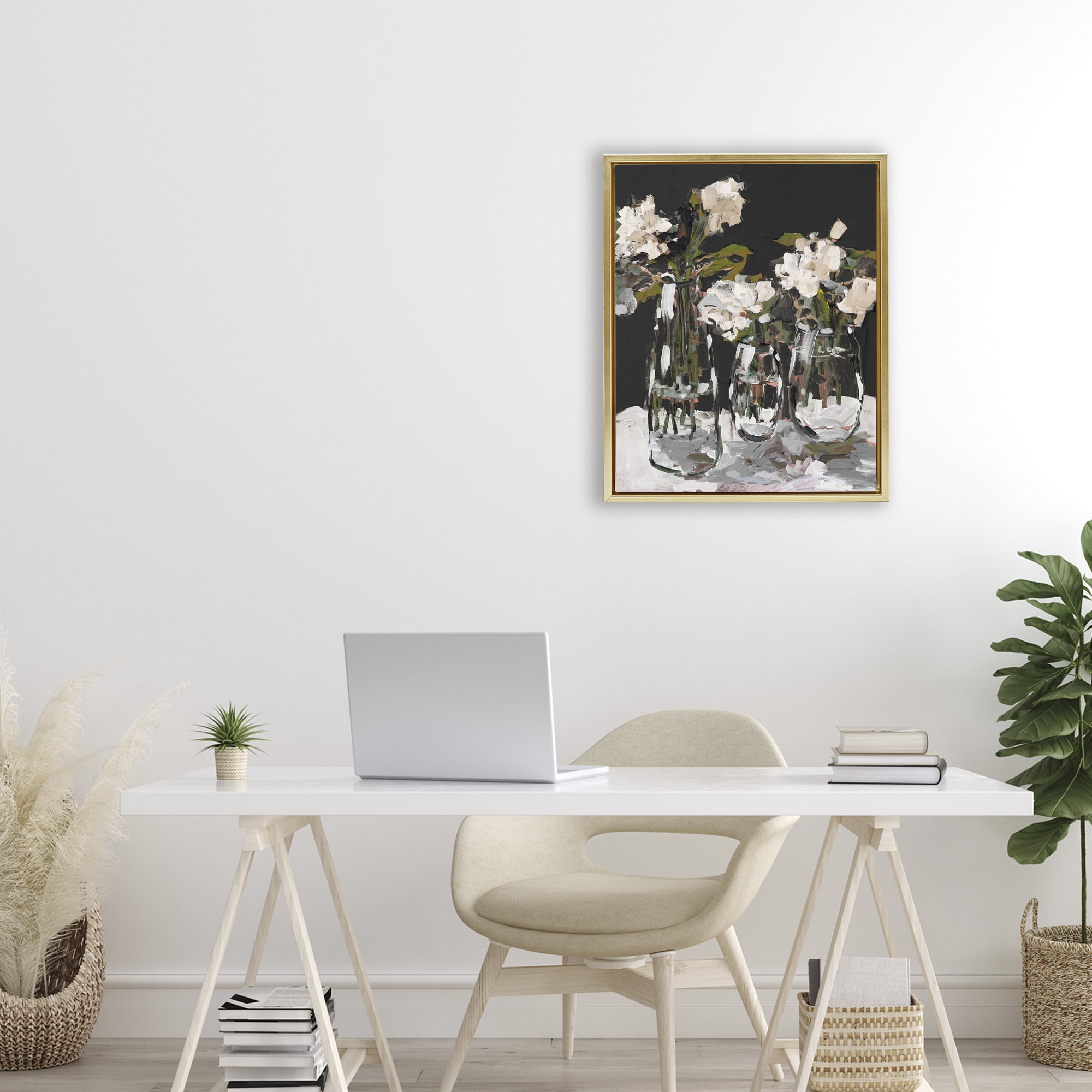 Stupell Industries Three Flower Vases on Black Gold Framed Floater Canvas Wall Art, design by Jane Slivka