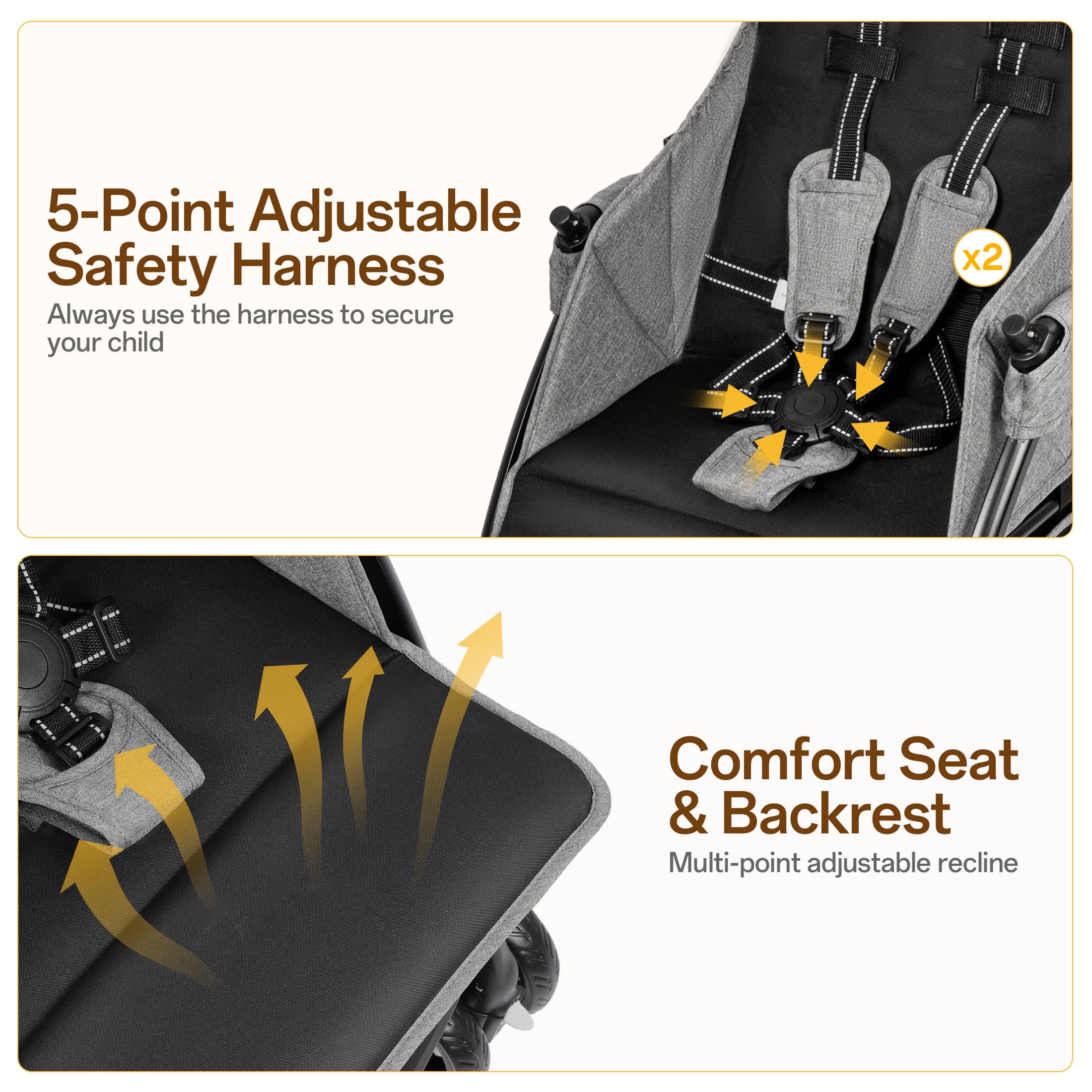 Vomeast Double Stroller for Twins, Foldable Lightweight Travel Stroller for Infant and Toddler, 5-Point Harness, Adjustable Canopy & Reclining Seat, Gray