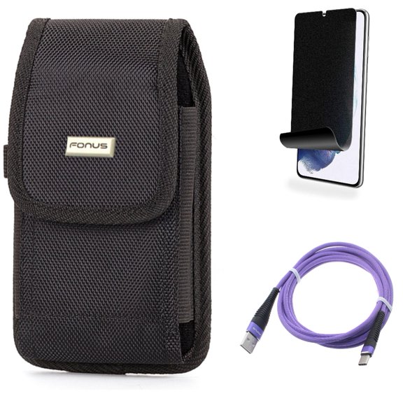 For Samsung Galaxy S21 (6.2") - Holster Rugged Case Belt Clip   Type-C Purple 6ft USB Cable   [Fingerprint Works] TPU Film Privacy Screen Protector